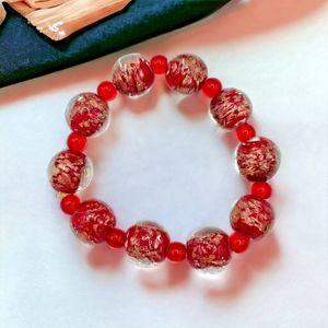 Red Glass Bracelet Copper Foil Art Hand Blown Beaded Chunky Stretch Jewelry